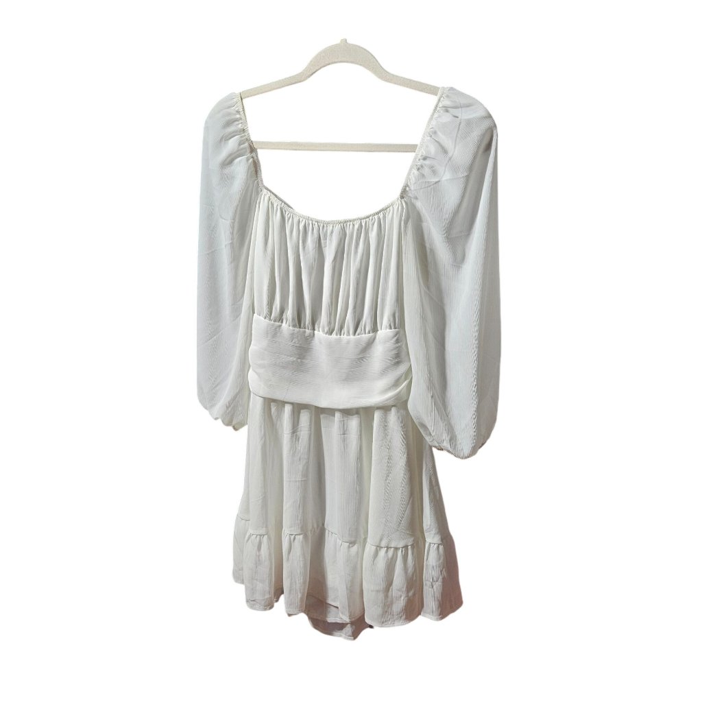 White Boho-Style Long Sleeve Dress With Smocked Waist & Open Back Tie Detail By